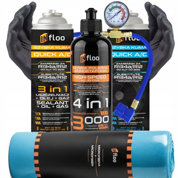 Set intretinere, Infloo, reincarcare clima R134a, gaz, furtun manometru, pasta polish 4in1, 30 microfibre, aer rece, luciu lac, kit DIY