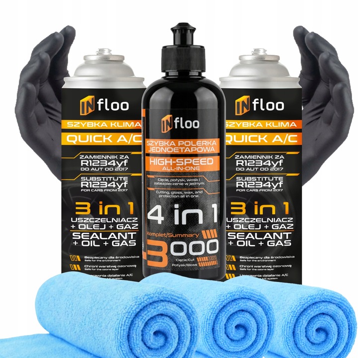 Set reincarcare clima, Infloo, 2x R1234yf 3in1, pasta polish 4in1, microfibre, ulei, etansant, eficienta termica, restaurare lac