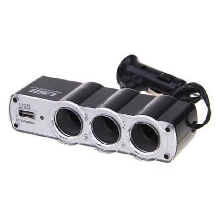 Adaptor Priza Auto, 60W, 3 x Soclu Auto, 1 x USB-A, 12/24V, lungime cablu 70cm