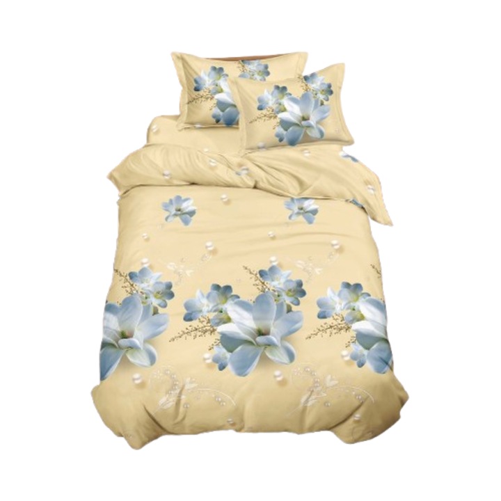 Ágynemű, 3D, 4 részes, gumis nélküli, 1 személyes 155x200 cm, virágmintás, sárga háttérrel