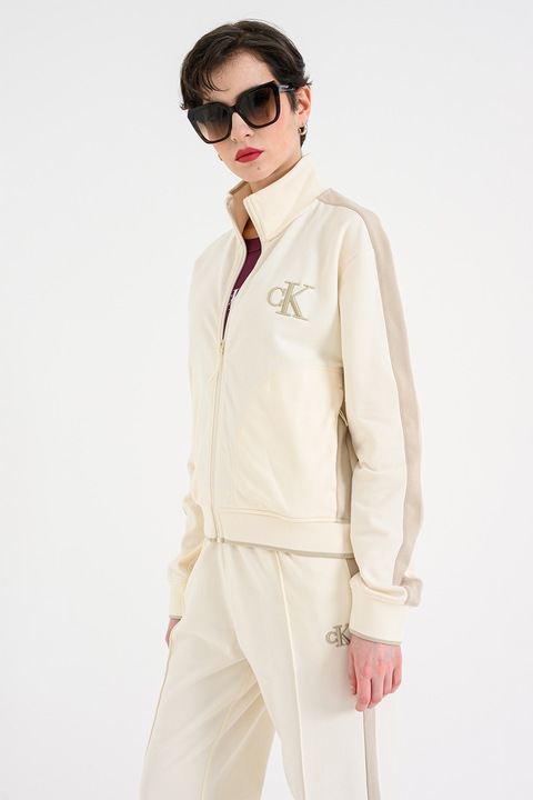 CALVIN KLEIN JEANS, Bluza de trening cu guler mediu si fermoar, Alb fildes/Grej