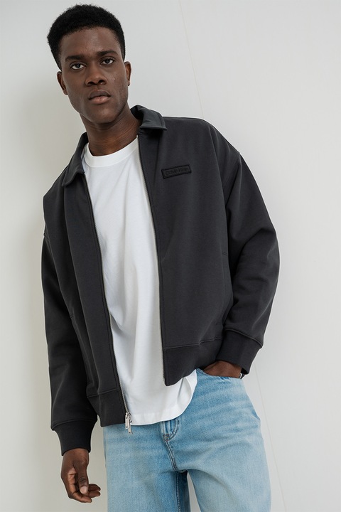 CALVIN KLEIN JEANS, Bluza de trening cu fermoar si guler clasic, Gri antracit