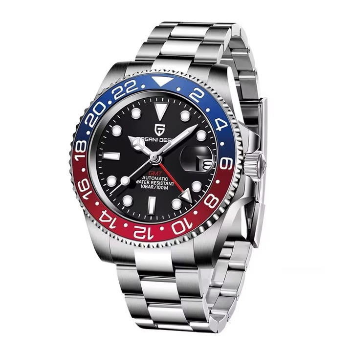 Мъжки часовник Pagani Design Black Pearl, Механичен, Неръждаема стомана, Син / Червен