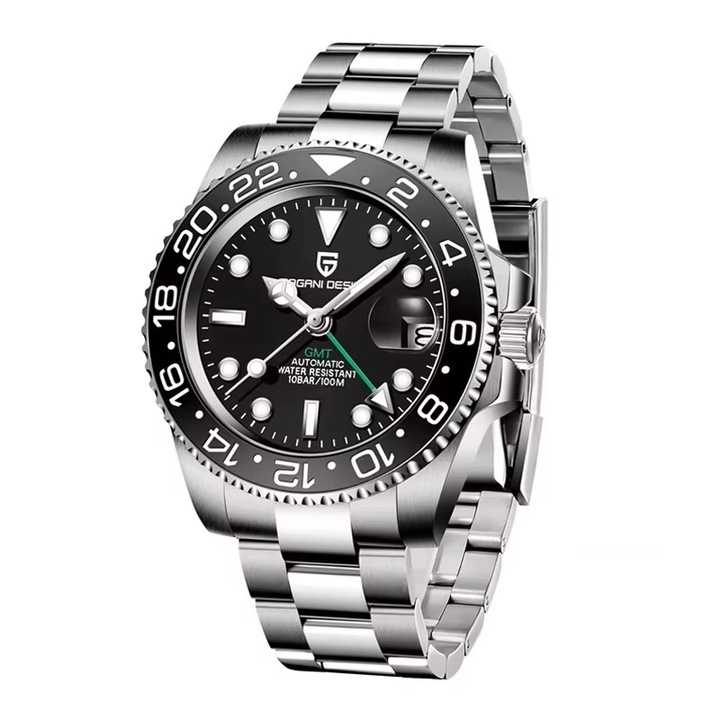 Мъжки часовник Pagani Design Black Pearl, Механичен, Неръждаема стомана, Сребрист / Черен