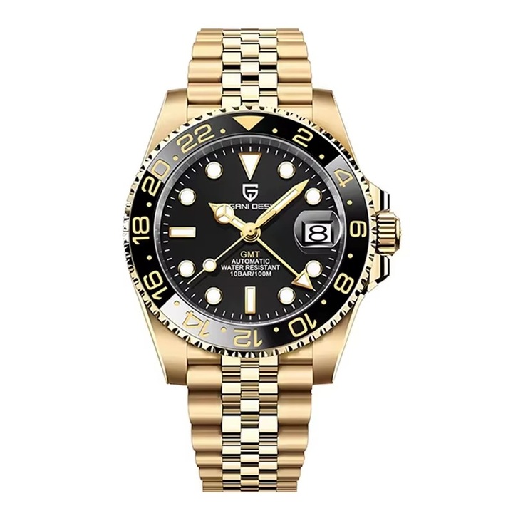 Мъжки часовник Pagani Design Black Pearl, Механичен, Неръждаема стомана, Златист / Черен