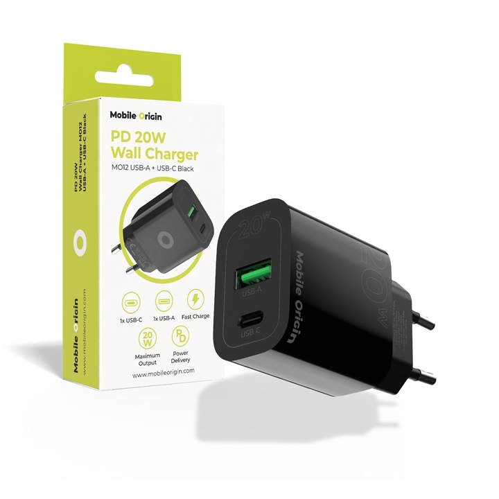 Mobile Origin MO12 hálózati töltő, 1xUSB-C, 1xUSB-A, 20W, 3A, Fekete