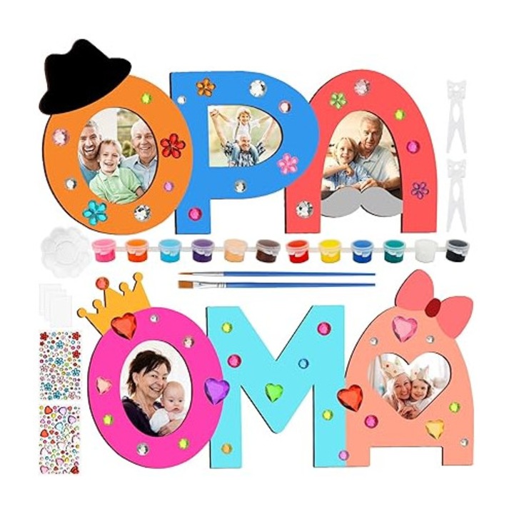 Set Rama Foto Din Lemn Creativ, Pentru Bunica si Bunic, Litere Din Lemn DIY „Grandma” si „Grandpa"