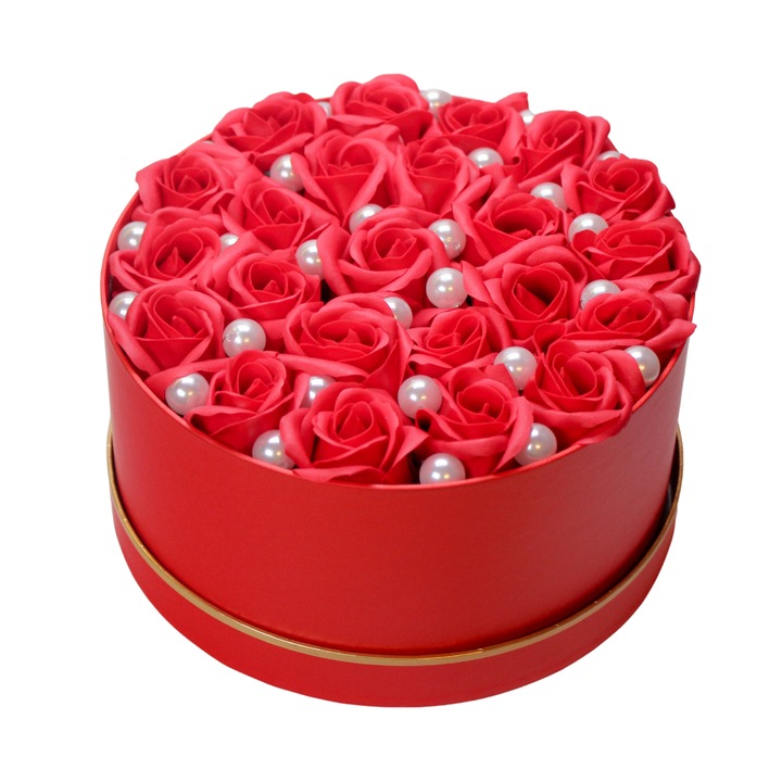 Aranjament floral, Ruby Pearl, 23 trandafiri rosii si perle, cutie rotunda rosie