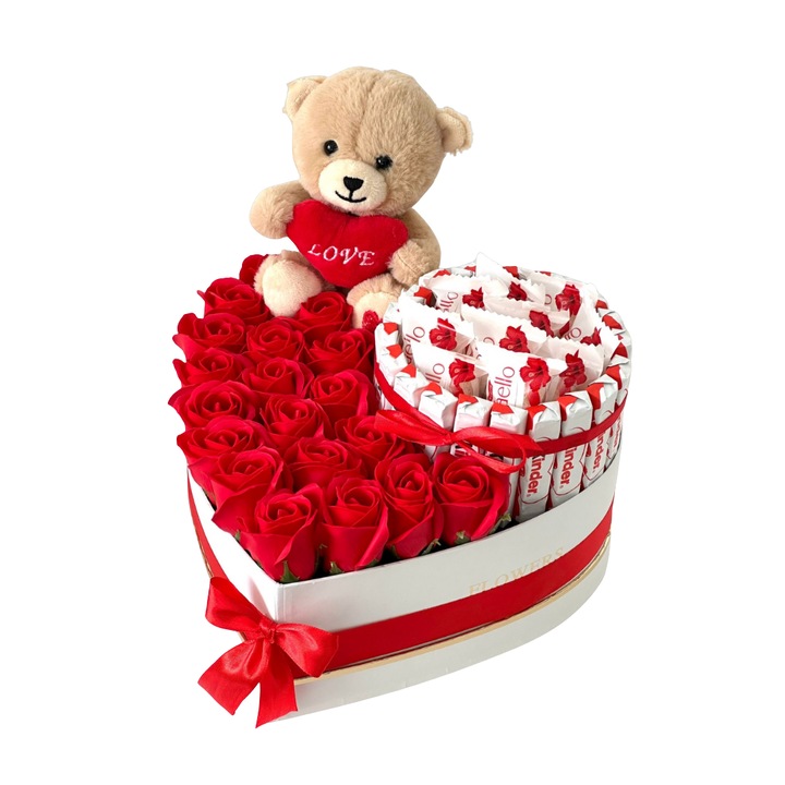 Aranjament cadou cutie inima - 19 trandafiri parfumati de sapun rosii+ 20 Ciocolata Kinder+10 Bomboane Raffaelo+ 1 Urs plus de 15 cm-Cadou pentru iubita/sotie