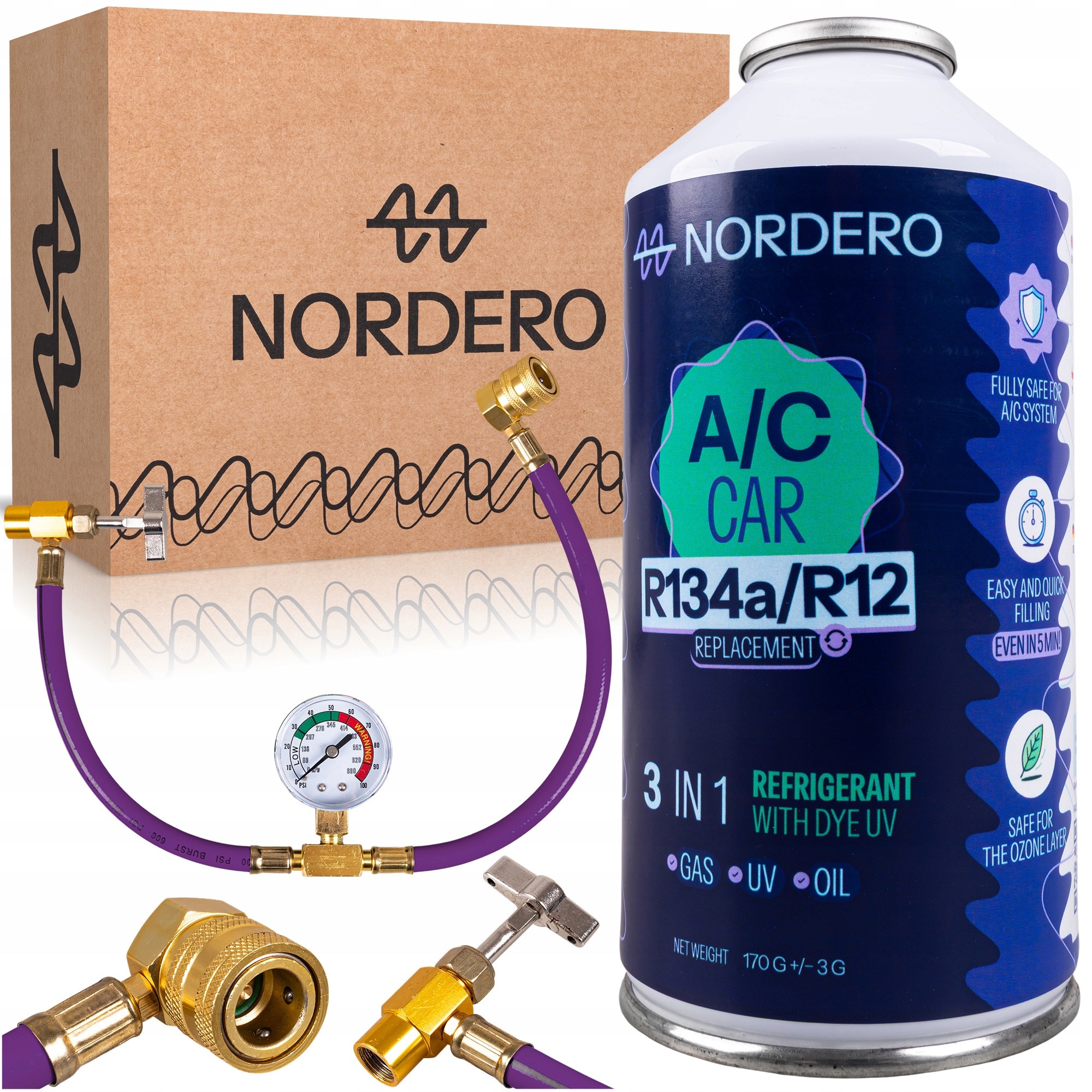 Kit de umplere aer conditionat auto NORDERO, 3 in 1, 2 x benzina R134A ...