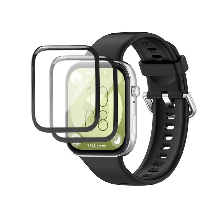 2 db QINOUK szilikon szíj Huawei Watch Fit 3-hoz, puha és légáteresztő sport szíj, cserealkatrész, képernyővédővel, fekete színű