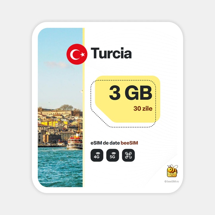 Cartela eSIM Internet, beeSIM, Turcia, 3GB, 30 zile