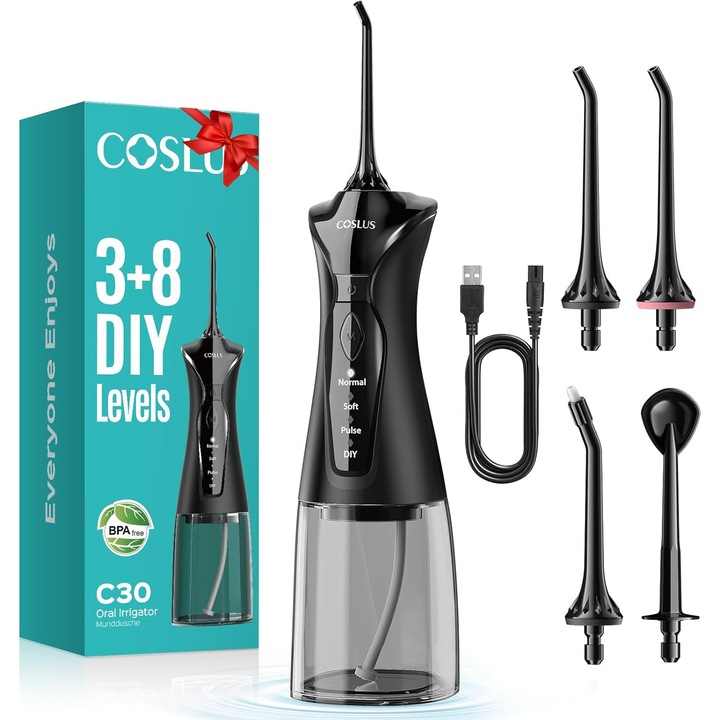 Irigator bucal electric COSLUS, 300 ml, 4 moduri, IPX7 impermeabil, 4 duze multifunctionale