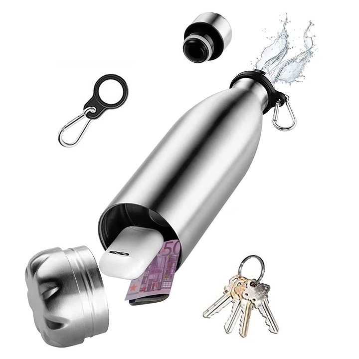 Термоизолирана Бутилка със Скрито Отделение, 750мл, Неръждаема Стомана 304, Топлоизолация 12ч, Разглобяема Основа за Съхранение на Ключове и Ценности, Идеална за Туризъм и Дейности на Открито, Сребрист