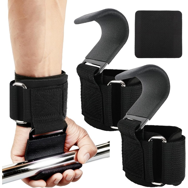 Set 2 chingi pentru ridicare greutati cu carlig, Bedee, capacitate 113 kg, Ormare si intretinere musculatura, Anti alunecare, Ajustabile, neopren, suport ergonomic pentru incheieturi, Negru