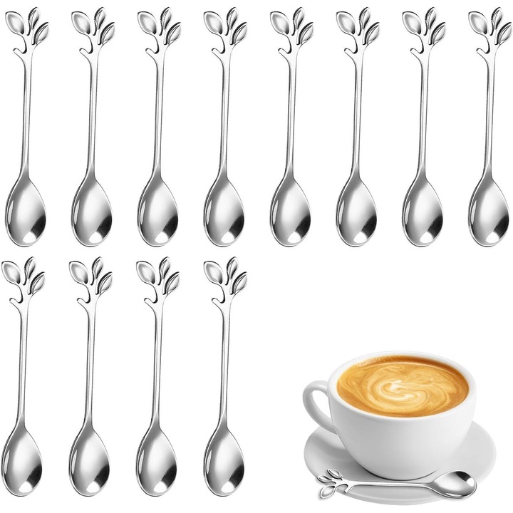 Set 12 bucati, Lingurite din otel inoxidabil, model frunza, potrivite pentru ceai, cafea si desert, Argintiu