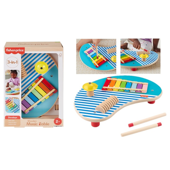 Masa muzicala din lemn Fisher-Price, set cu 3 instrumente, multicolor, pentru copii de la 2 ani