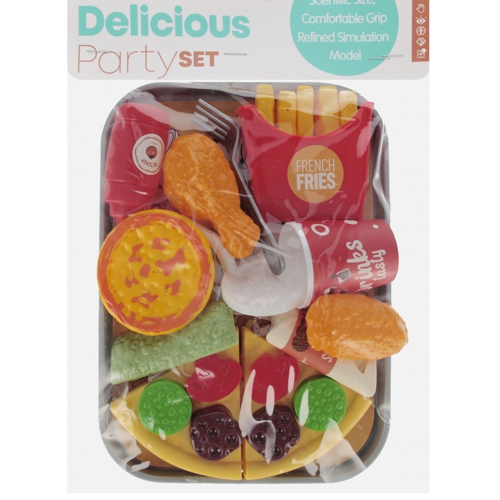 Set bucatarie copii, 2 felii pizza, cartofi prajiti, tarta, pula de pui, nuggets, 21x28x5cm