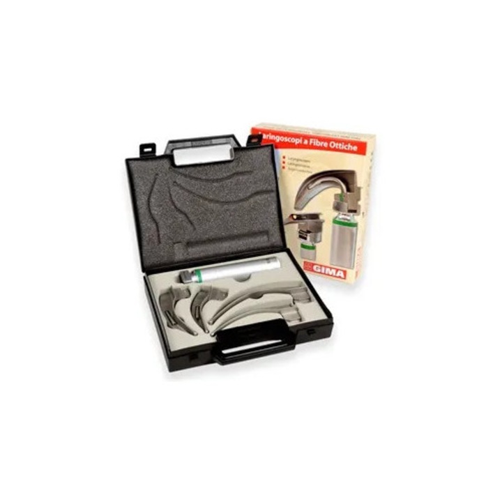 Set laringoscop Gima Green F.O. LED 2.5 V, 4 lame McIntosh, otel, pentru adulti