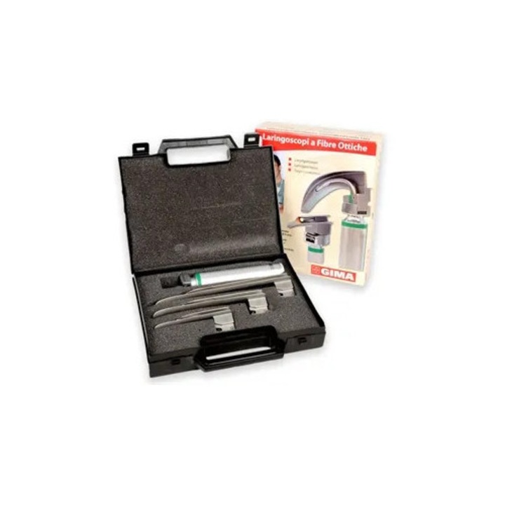 Set laringoscop Gima cu 3 lame Miller 1-2-3, iluminare Xenon/Halogen, fibra optica detasabila