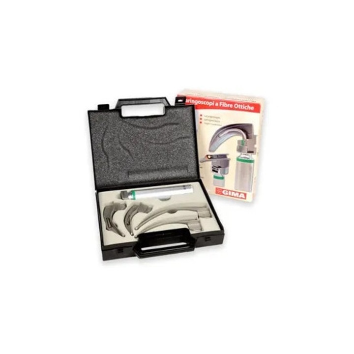 Set laringoscop LED Gima Green F.O. 3.5 V cu 4 lame McIntosh, otel inoxidabil, pentru adulti