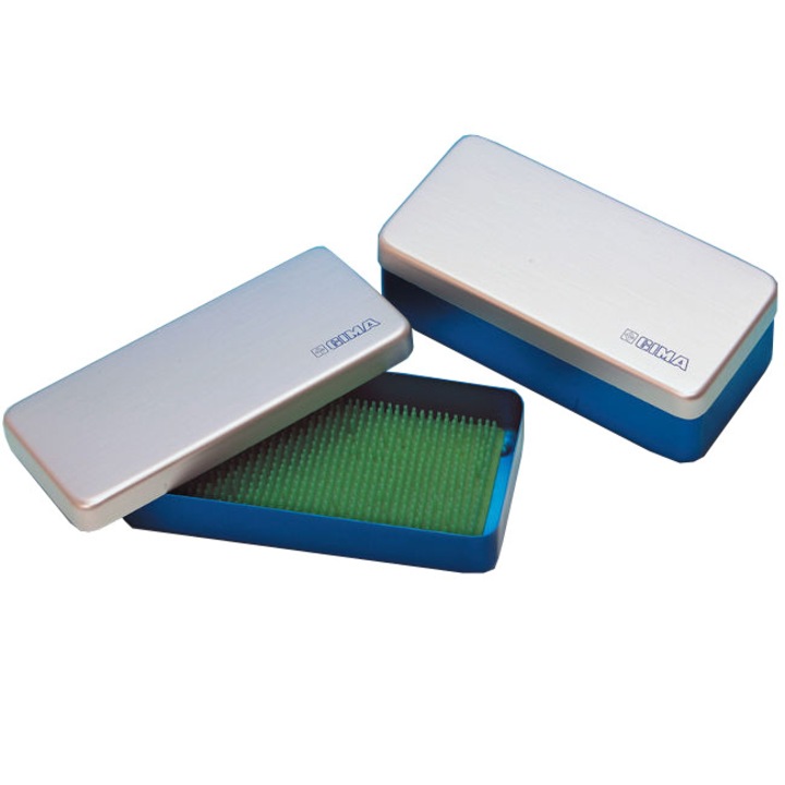 Container aluminiu pentru sterilizare, Gima, 18.5x9.5x3 cm, baza albastra, capac argintiu