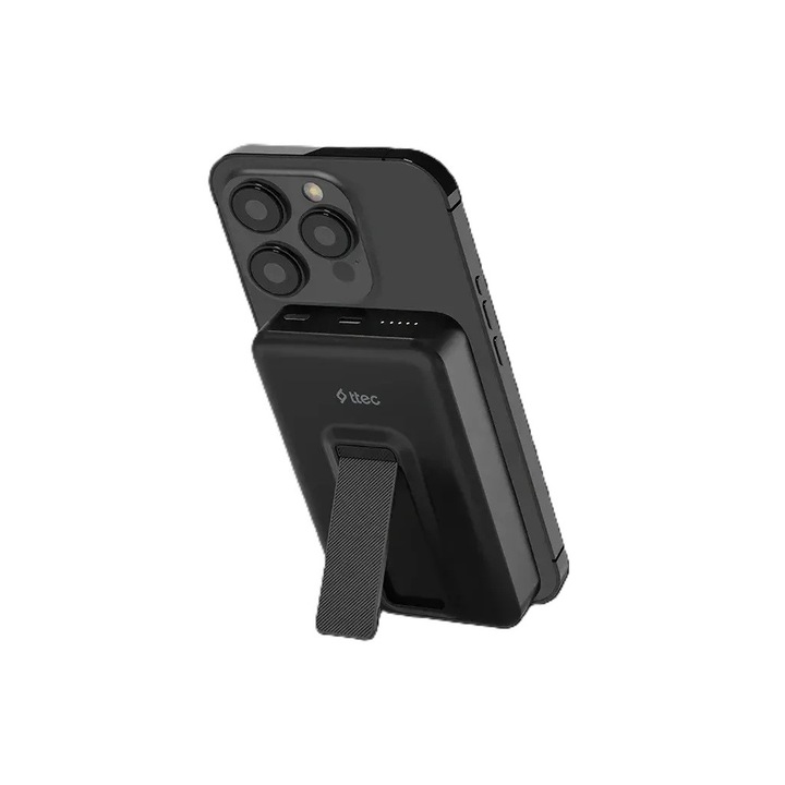 Baterie externă ttec, ReCharger M, 10.000mAh, MagSafe, PD 20W, Wireless, Kickstand, Neagră