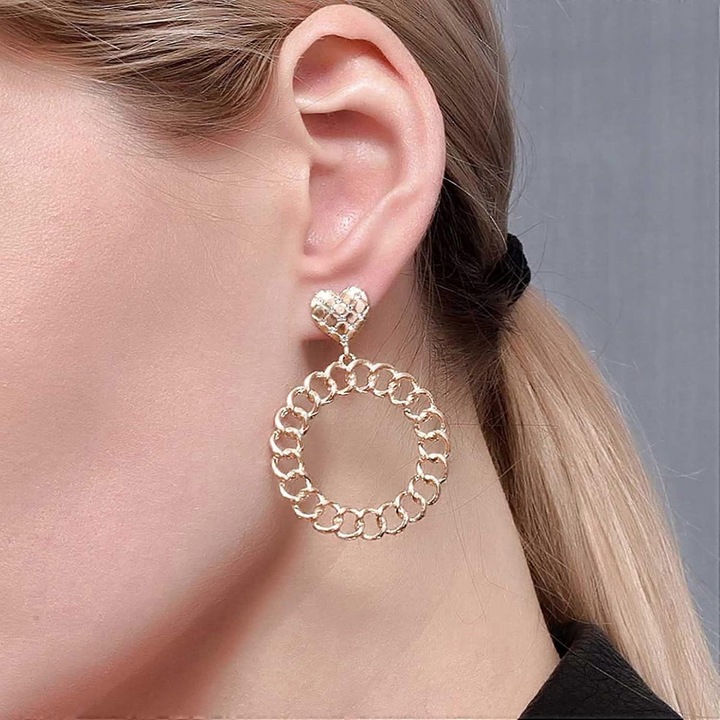 Cercei dama, design unic, cercuri groase, metal auriu, dimensiune unica