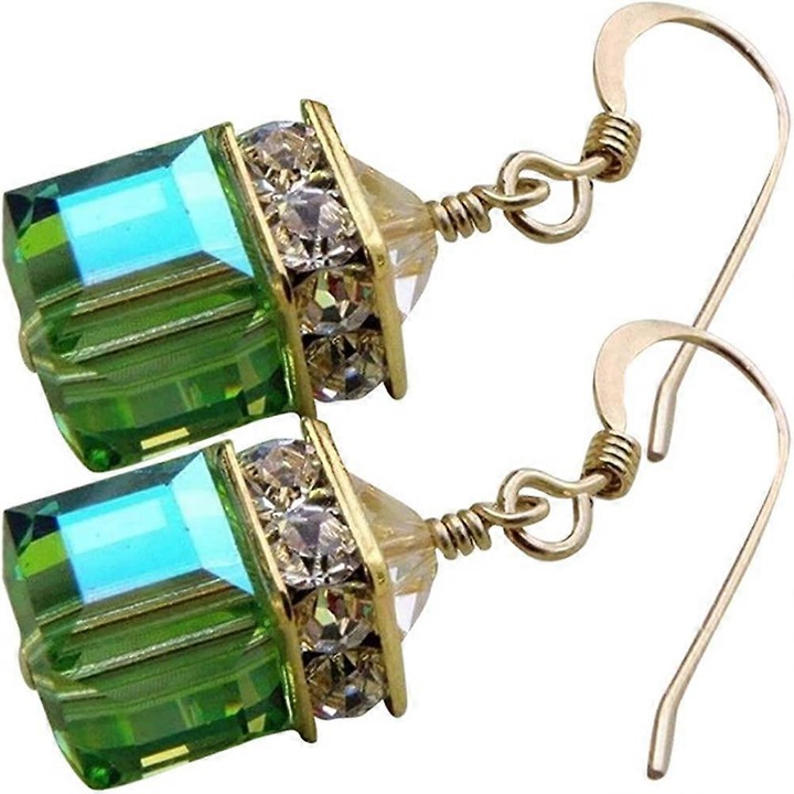 Cercei dama, cubic, cu pandantiv din piatra falsa, verde, set