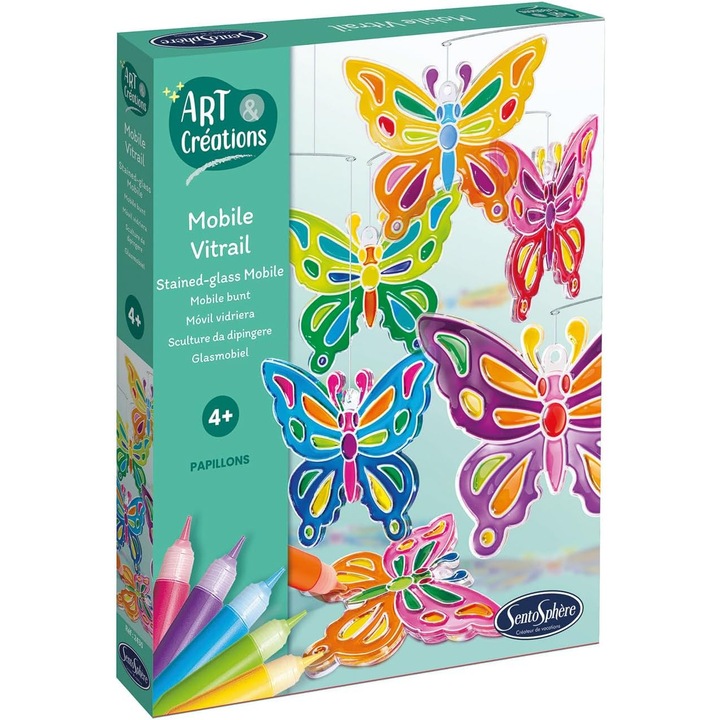 Set creativ mobile fluturi colorati, Sentosphere, 8 fluturi din plexiglas, multicolor, pentru copii de la 4 ani