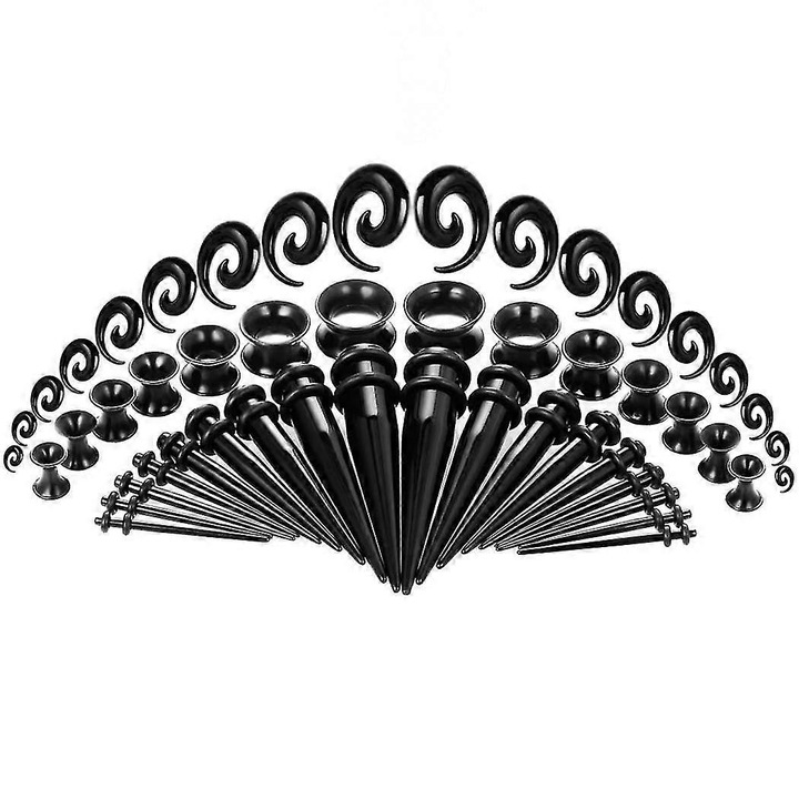 Set 50pcs cercei piercing ureche acril negru, dimensiuni variate 1.6-10mm, material acril si silicon