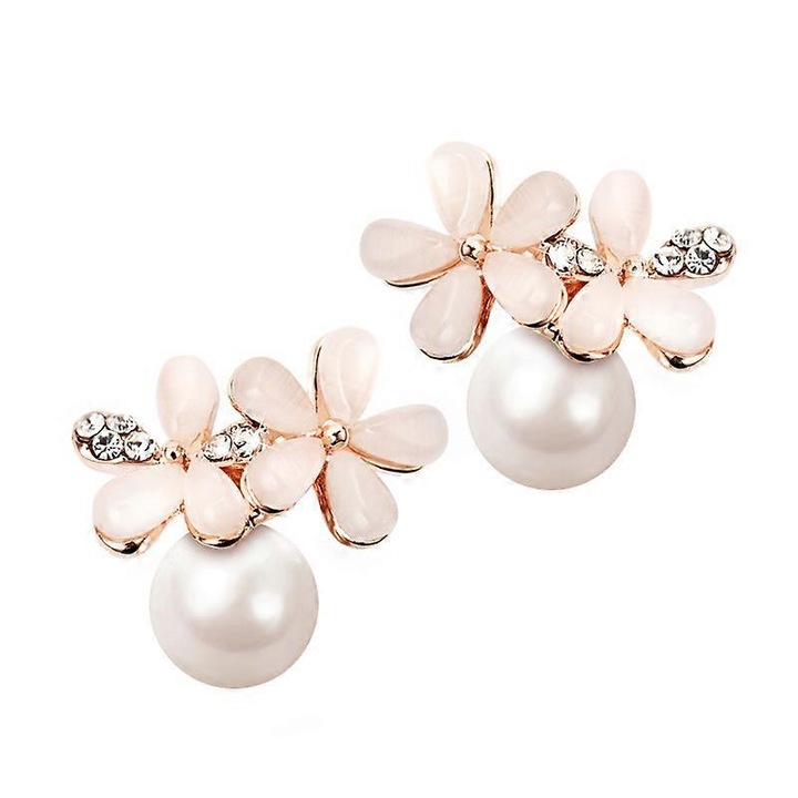 Cercei cu flori din piatra cat eye roz si perla simulata, baza din alama placata cu aur roz, dimensiune 1.3x1.8cm