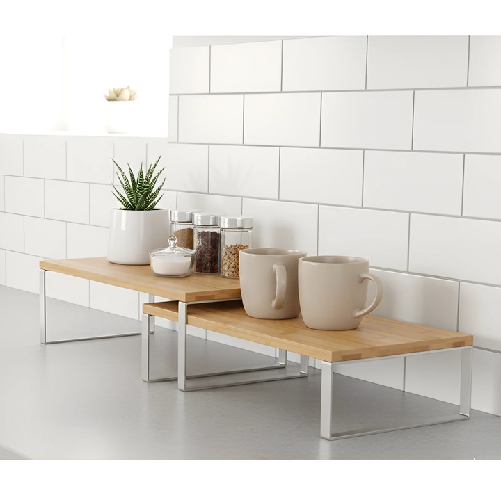 Set rafturi stivuibile Herum, metal și bambus, Alb/Maro, 2 buc, dimensiuni versatile