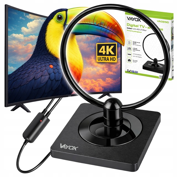 Vayox TV antenna, DVB-T/DVB-T2 földi televízióhoz, erősítővel, beltéri, VA0250 VHF, UHF, FULL HD, 4K, LTE 4G szűrő, 2m kábel, 5V, fekete
