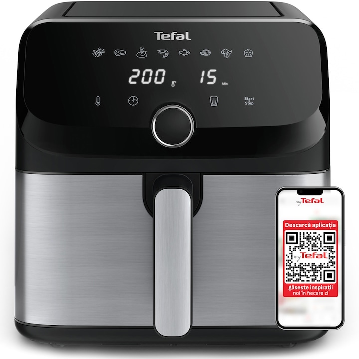 Фритюрник с горещ въздух Tefal Easy Fry Mega air fryer EY855D10, 2020W, Капацитет 7.5л, 8 програми, Незалепващо покритие, Автоматично изключване, Контрол на температурата 80°C - 200°C, Сребрист/Черен