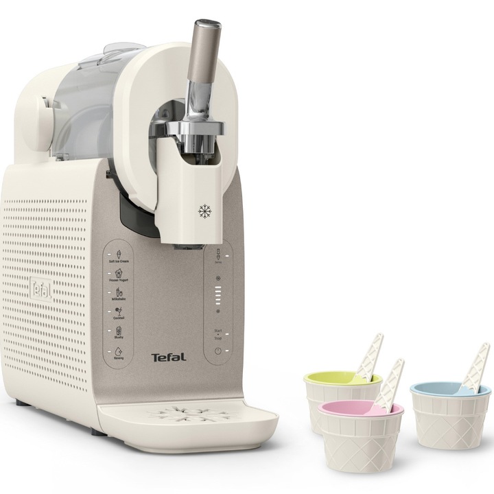 Aparat de inghetata Tefal Freezi IG801AE0, 200 W, 2 L, 5 programe automate, 16 preparate presetate, tehnologie Ultra Quiet, pentru inghetata soft, slushi, sorbet si cocktailuri, set pentru servire inclus, crem