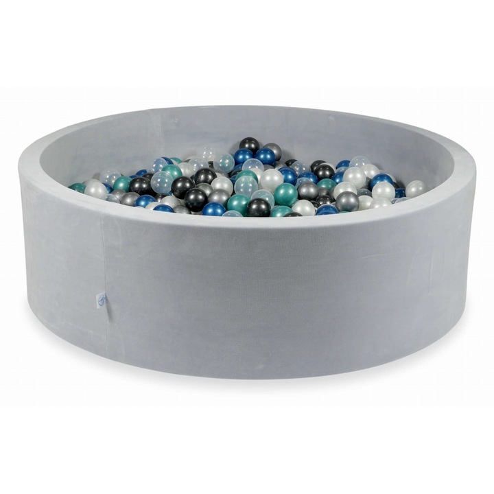 Játszómedence 130x40 cm bársony puha világosszürke, 700 színes labdával, többszínű