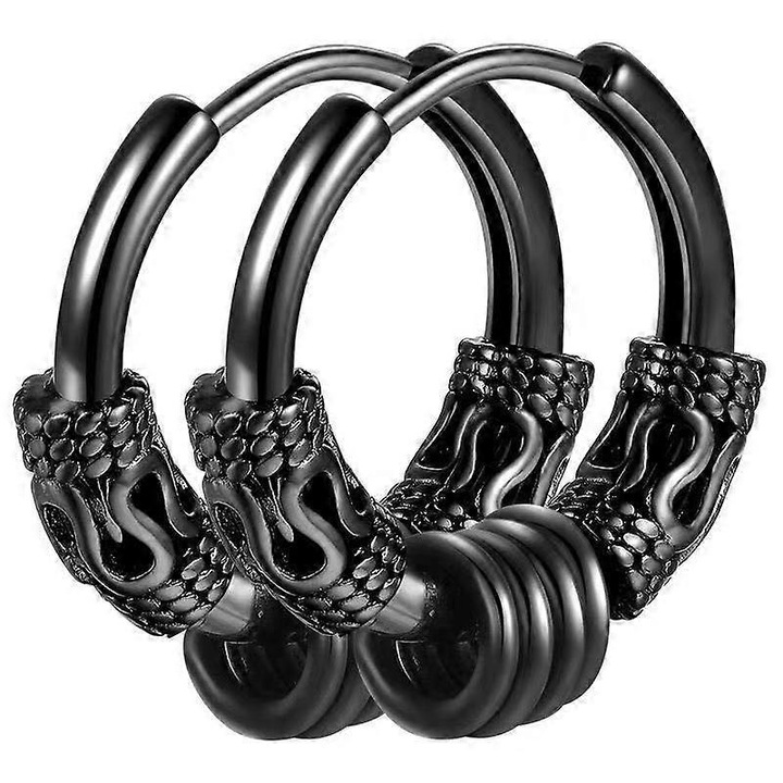 Cercei hoop barbati din otel medical, 14mm, argintii si negri, set de bijuterii elegante