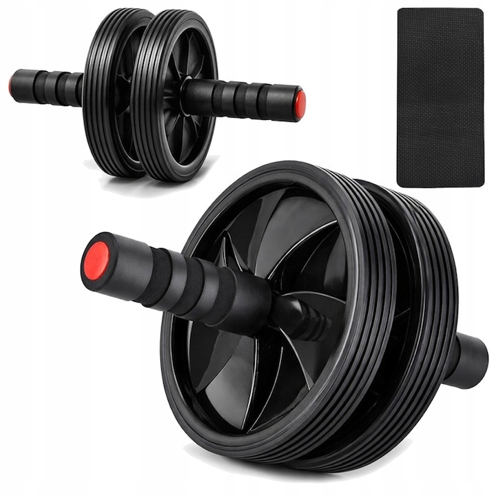 Roata de exerciții, R2Invest, set cu saltea, metal, antiderapant, negru și roșu, diametru 18 cm