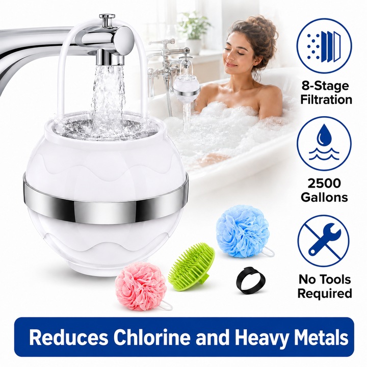 Filtru Apa Robinet Cada Excitat®, Purificator cu 8 Etape de Filtrare, 2500 Galoane, Eliminare Clor si Metale Grele, Protectie Piele Sensibila si Par, Instalare Fara Unelte, Universal, Alb