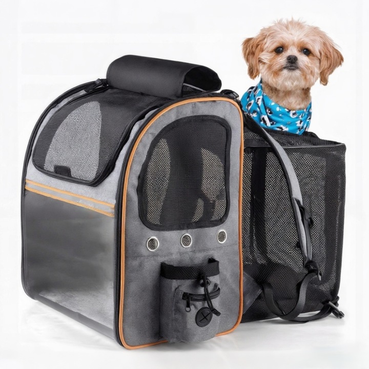 Rucsac Transport pentru Pisici si Câini Mici/Medi, ZAXER, Respirabil, Negru și Gri, 42x33x29cm