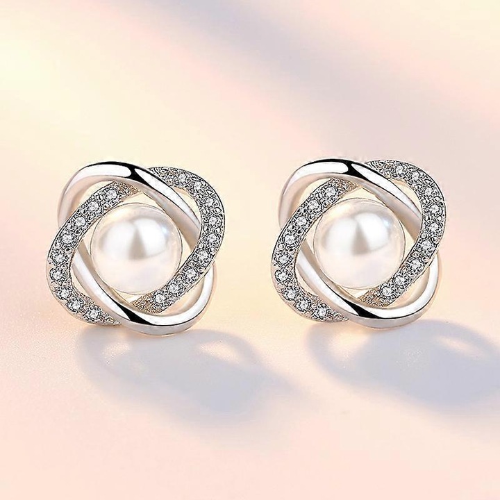 Cercei stud cu piatra din perla cristalina, argintiu, 1.4x1.4cm