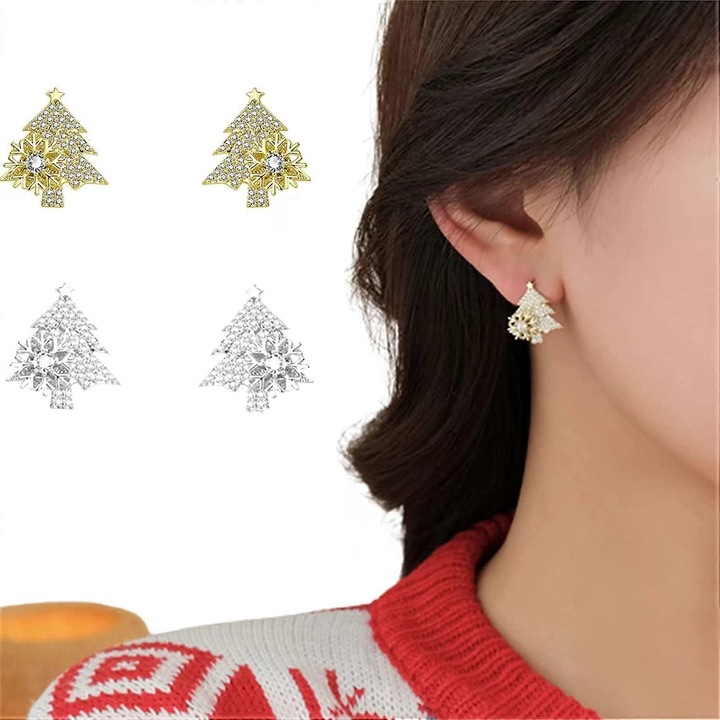 Cercei rotativi cu brad de Craciun, set 2 perechi, cercei cu zapada, zirconiu stralucitor, pentru Craciun