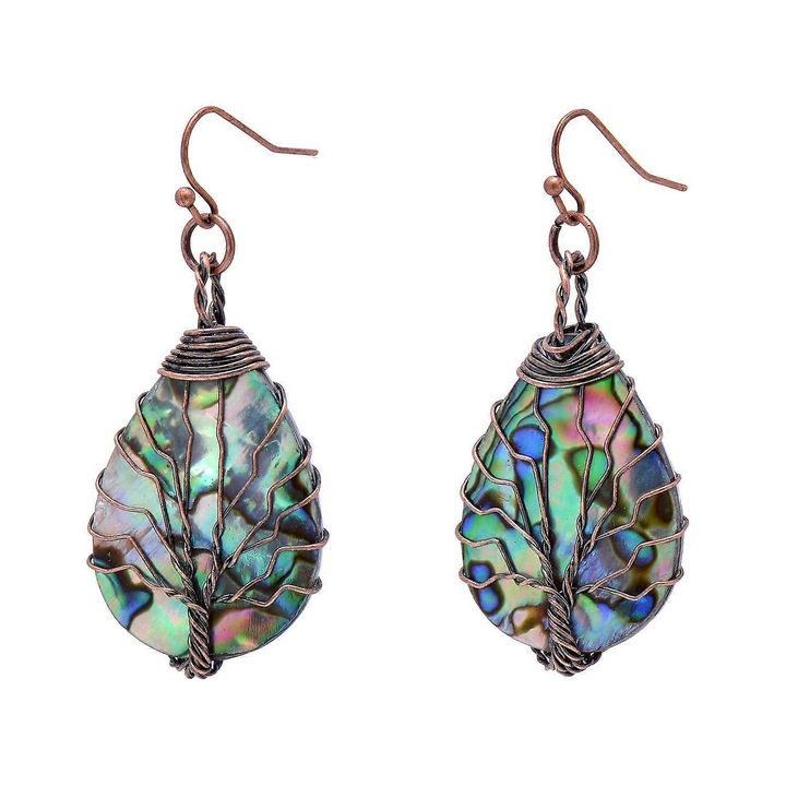 Cercei din scoica de abalon cu arborele vietii, cupru antichizat, 12x20mm, set pentru femei