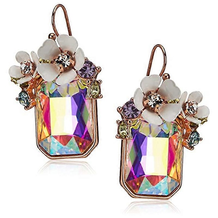 Cercei lungi cu piatra rectangulara iridescenta, metal roz aurit, 1.75"x0.75"