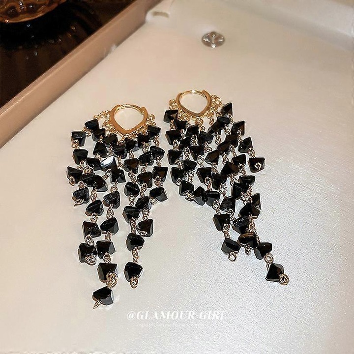 Cercei lungi cu cristale stralucitoare negre, 8.6cm, set