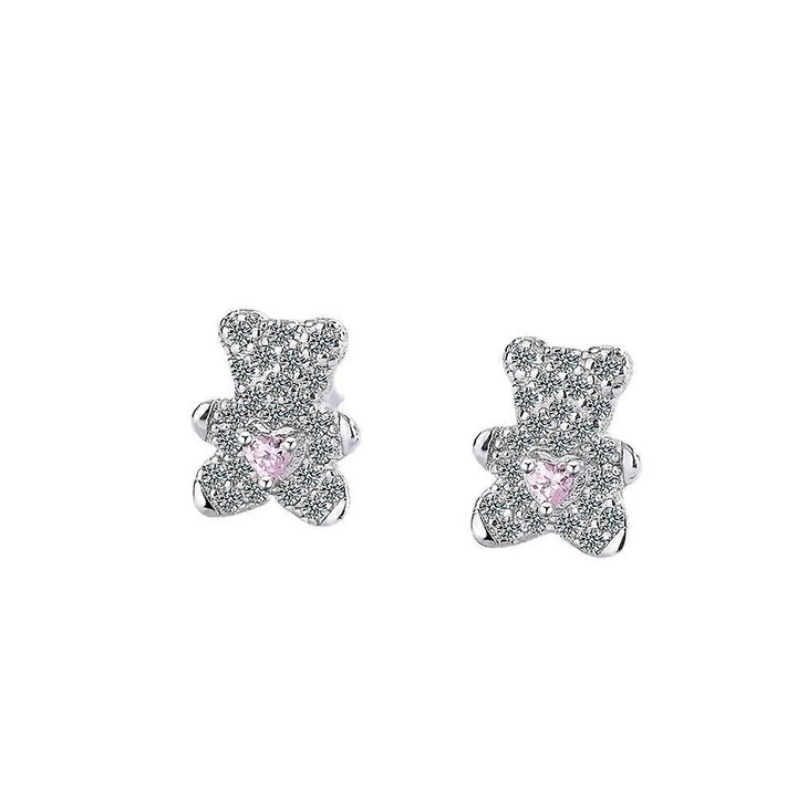 Cercei stud in forma de urs cu inima argintii, set, 0.6x1.0cm