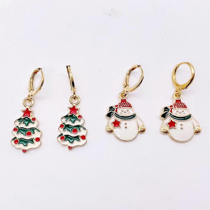 Set de 2 perechi cercei de Craciun, brad si om de zapada