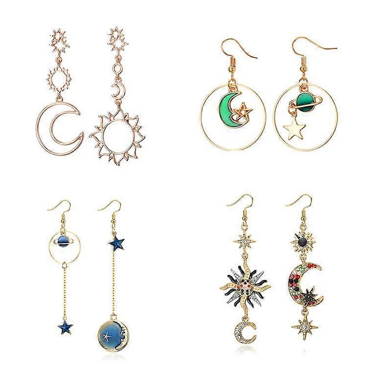Set 4 perechi cercei asimetrici, cercei cu soare, stele, luna, multicolor, bijuterii dama
