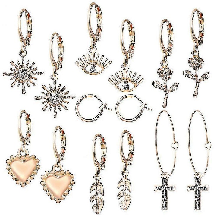 Set 7 Cercei Inima Aurii din Aliaj cu Cristale, 1.5x4.2cm